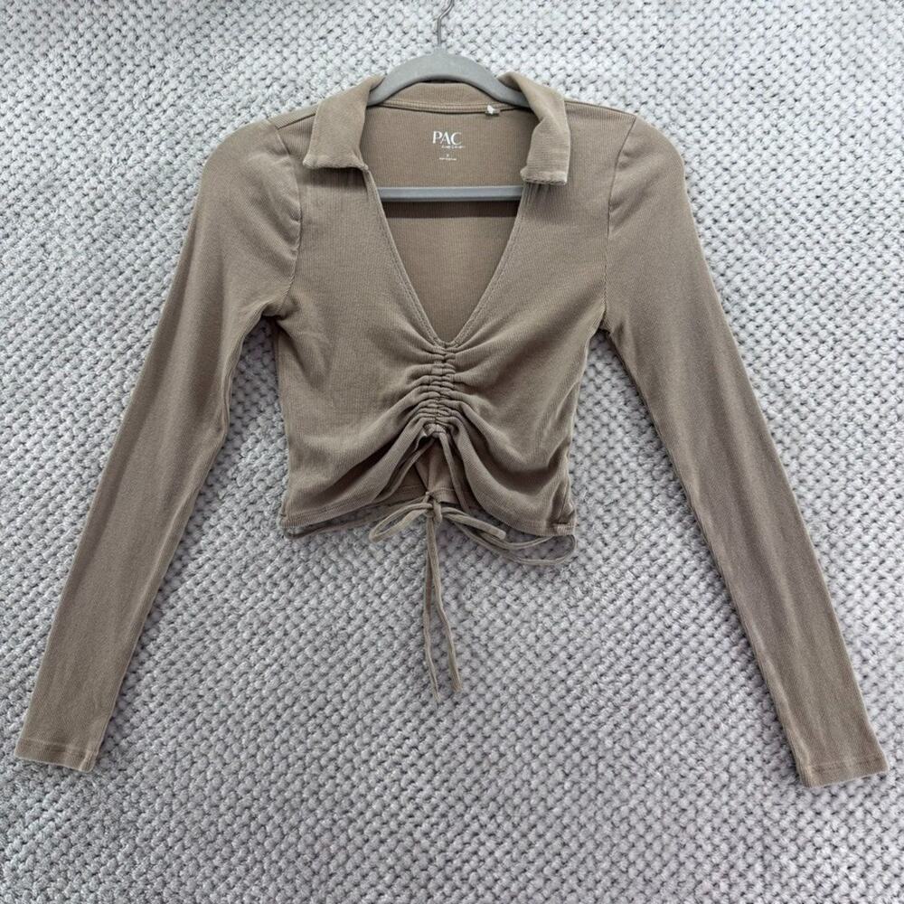 PAC cares Top Womens S Beige Rib Knit Crop Blouse Plunge V-Neck Ruched LS Collar